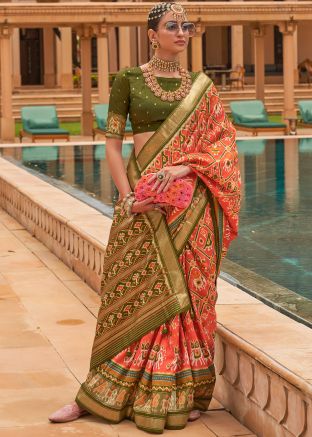 Orange Art Silk Patola Print Saree