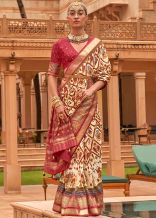 Off White Art Silk Saree With Patola Print Work