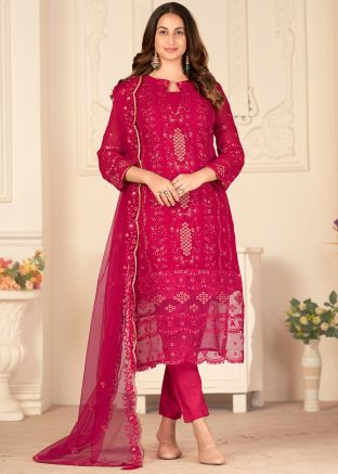 Pink Georgette Pant Suit Set With Dupatta