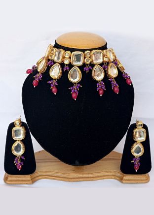 Purple Alloy Based Kundan Choker Set