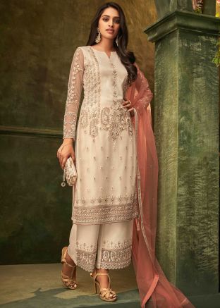 Off-White Embroidered Net Palazzo Suit