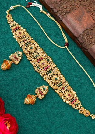 Golden Embossed Choker Necklace Set 
