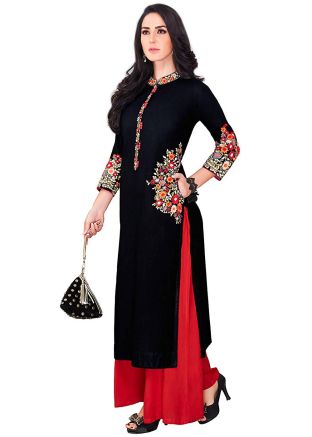 Readymade Black Embroidered Kurta With Palazzo