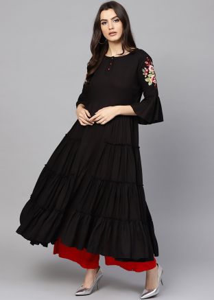 Readymade Black Tiered Long Kurta With Pant