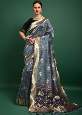Grey Woven Pallu Saree In Tussar Silk