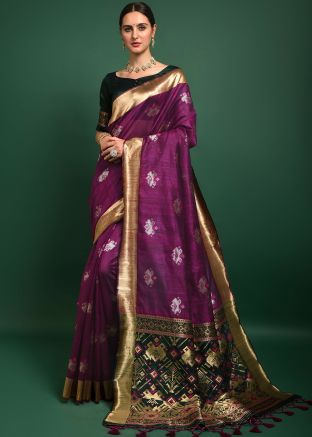 Purple Woven Tussar Silk Saree