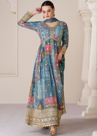 Readymade Blue Printed Organza Anarkali Suit & Dupatta
