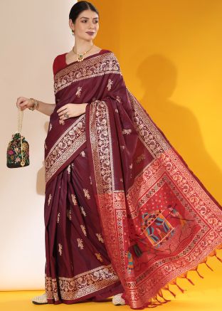 Maroon Zari Woven Bridal Saree With Heavy Pallu