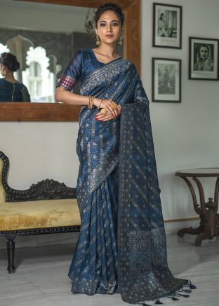 Blue Zari Woven Party Saree With Heavy Pallu