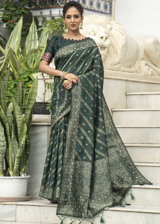 Green Traditional Zari Woven Saree With Heavy Border