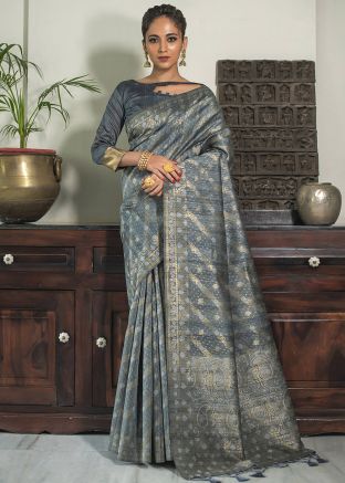 Grey Zari Woven Classic Style Saree In Tussar Silk