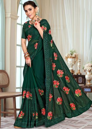 Green Georgette Saree With Embroidered Blouse
