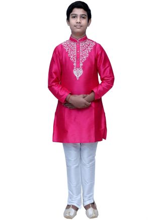 Pink Embroidered Straight Cut Kids Kurta Churidar Set