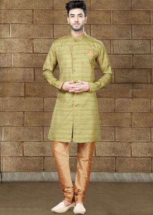 Readymade Olive Green Art Silk Sherwani with Churidar