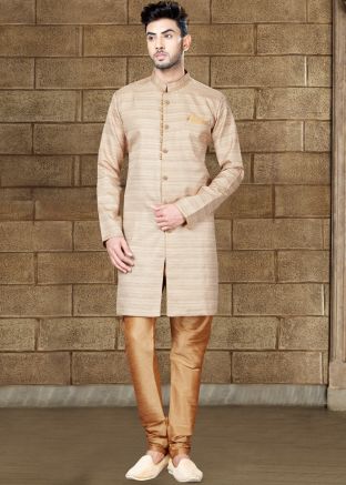 Readymade Light Beige Art Silk Sherwani with Churidar