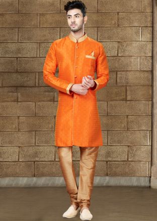 Readymade Orange Woven Art Silk Sherwani 