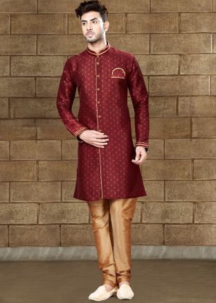 Readymade Maroon Woven Art Silk Sherwani 
