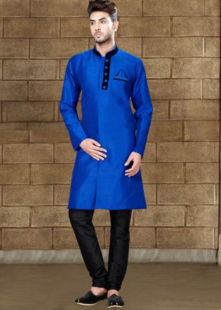 Readymade Blue Art Silk Sherwani with Black Churidar