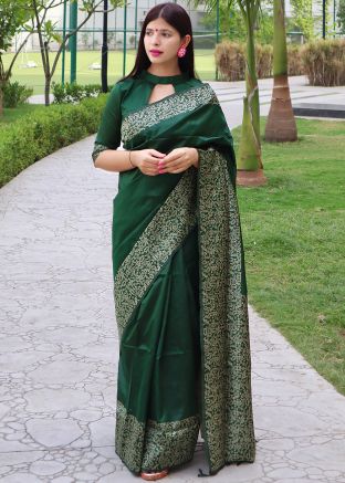 Green Zari Woven Mehendi Saree With Heavy Pallu