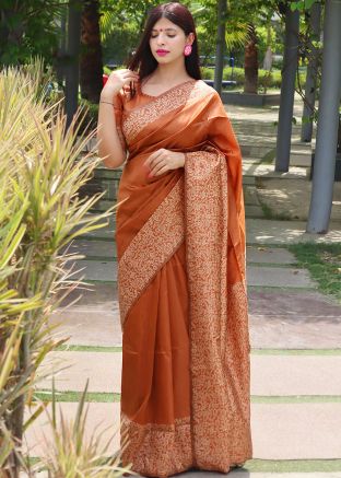 Orange Zari Woven Festive Saree In Art Silk