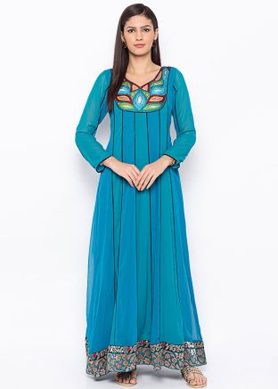 Blue Readymade Embroidered Long Anarkali Kurta Set