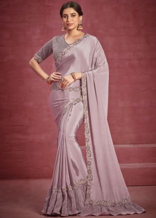 Purple Embroidered Border Saree In Crape