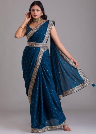 Blue Art Silk Embroidered Border Saree