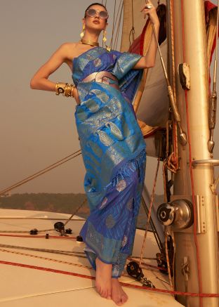 Blue Zari Woven Saree In Satin