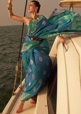Blue Zari Woven Saree In Classic Style