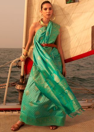 Green Satin Saree With Woven Border