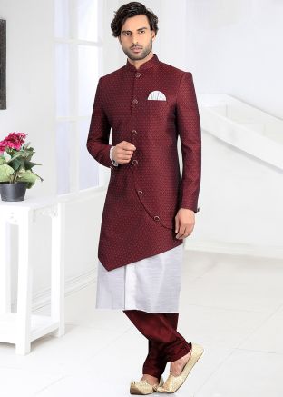 Maroon Woven Indo Western Sherwani With Churidar