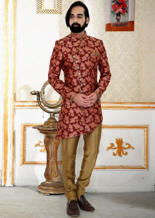 Maroon Woven Brocade Asymmetric Sherwani Pant Set