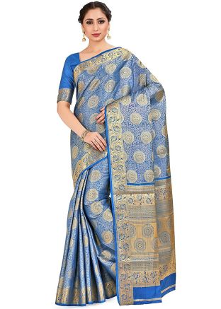 Blue Heavy Pallu Saree In Kanjivaram Saree