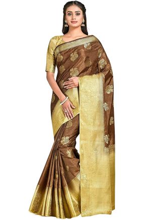 Brown Heavy Border Saree In Kanjivaram Silk