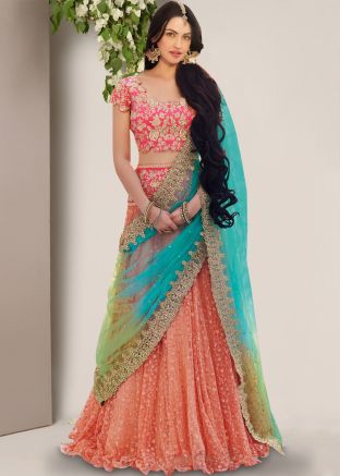 Peach Frilled Edge Net Lehenga Choli