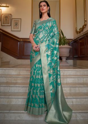Green Organza Saree In Zari Woven Work