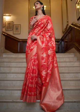 Red Traditional Zari Woven Organza Saree