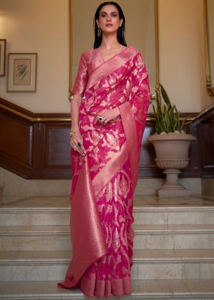 Pink Heavy Border Saree In Organza