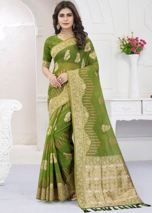 Green Zari Woven Saree In Viscose