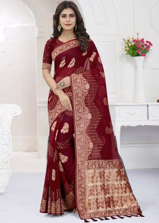 Maroon Woven Border Viscose Saree