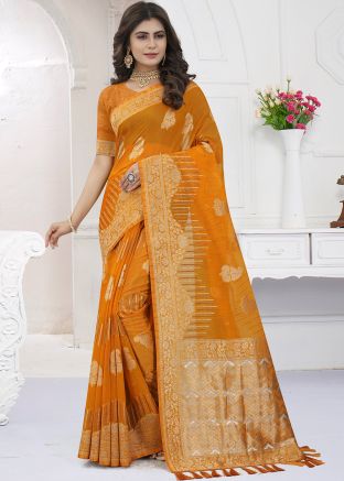 Yellow Viscose Saree With Woven Border