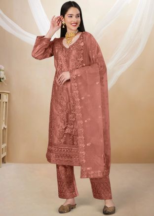 Peach Embroidered Pant Style Suit In Net