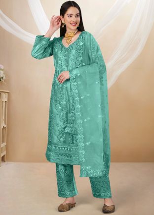 Turquoise Net Pant Suit In Dori Embroidery