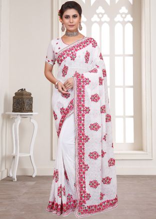 White Georgette Saree In Heavy Pallu