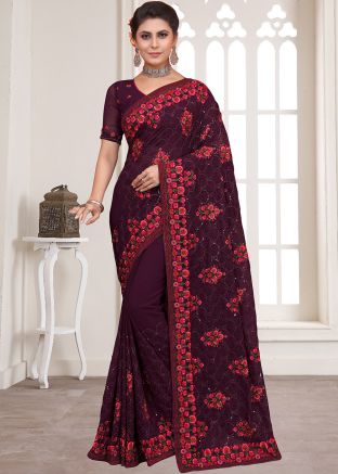 Purple Sequins Embellished Saree In Georgette