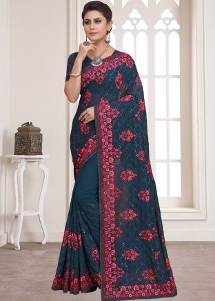 Blue Embroidered Saree In Georgette