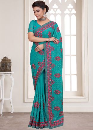 Green Classic Embroidered Saree In Georgette