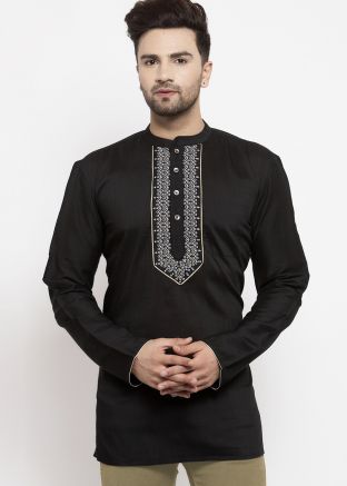 Readymade Black Embroidered Cotton Silk Short Kurta