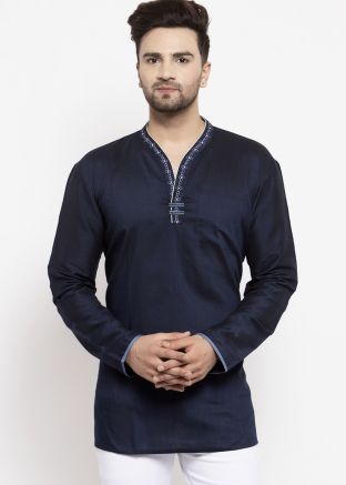 Navy Blue Readymade Cotton Silk Short Kurta