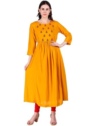 Yellow Embroidered Flared Kurta With Bottom